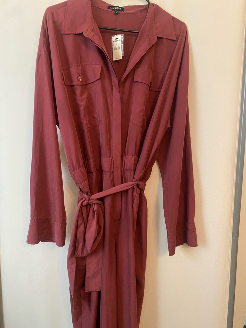 Express wine colored  Button-Front Belted jumpsuit